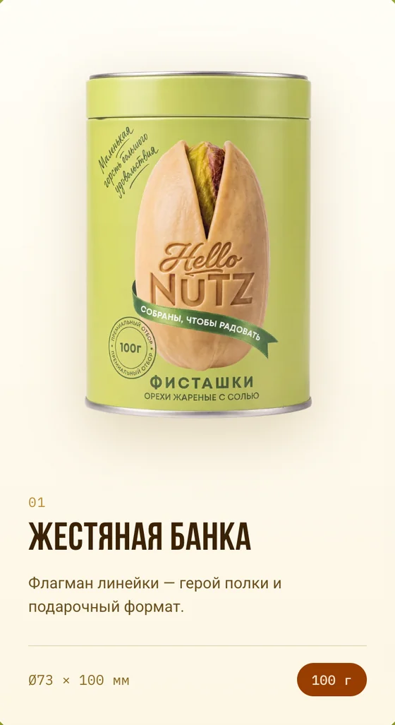 Карточка формата «Жестяная банка» на сайте HelloNutz