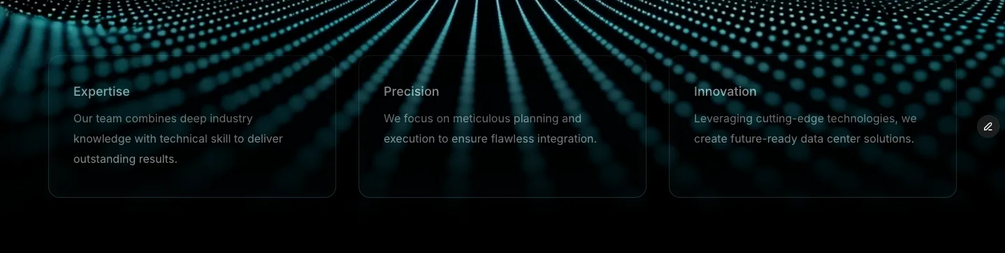 Три карточки SleDim поверх видеофона: Expertise, Precision, Innovation
